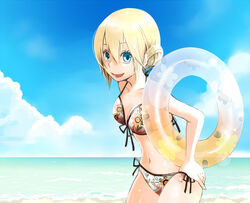  beach bikini blonde_hair blue_eyes blue_sky breasts cleavage cloud commentary_request cowboy_shot day double_bun female floral_print hair_between_eyes hair_bun halterneck horizon innertube looking_at_viewer medium_breasts negi_mugiya ocean open_mouth original outdoors short_hair side-tie_bikini_bottom sky solo string_bikini swim_ring swimsuit white_bikini 