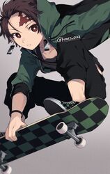  1boy artist_name bent_over black_footwear black_pants black_shirt bracelet brown_hair checkered_footwear collarbone contemporary earrings grabbing green_footwear green_hoodie grey_background highres hood hoodie jewelry jumping kamado_tanjirou kimetsu_no_yaiba looking_at_viewer makura_(makura0128) male_focus pants parted_lips red_eyes scar scar_on_face scar_on_forehead shirt shoes simple_background skateboard skateboarding sneakers solo twitter_username 