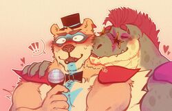  2021 alligator alligatorid anthro bear blush bow_tie closed_eyes crocodilian digital_media_(artwork) duo electronics eyewear five_nights_at_freddy&#039;s five_nights_at_freddy&#039;s:_security_breach fur glamrock_freddy glasses green_body hair heart_symbol hi_res kissing kissing_cheek male male/male mammal microphone mohawk montgomery_gator muscular muscular_anthro muscular_male red_hair reptile romantic scalie scottgames shoulder_pads smooch_(sound_effect) steel_wool_studios xeoniios 