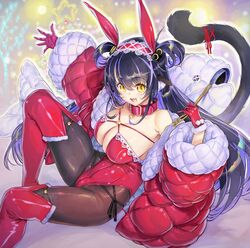  :d animal_ears bare_shoulders black_hair black_pantyhose boots breasts cat_tail cleavage collar female gloves hairband highres indie_virtual_youtuber kiyama_satoshi kuroike_momimi large_breasts long_hair looking_at_viewer oerba_yun_fang open_mouth pantyhose playboy_bunny purple_hair red_gloves sitting slit_pupils smile solo tail thigh_boots two_side_up virtual_youtuber yellow_eyes 