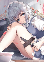  absurdres apron ass blue_dress blue_eyes blush braid closed_mouth collared_shirt cup dress female grey_hair hair_between_eyes highres izayoi_sakuya knife knife_sheath long_hair maid maid_apron maid_headdress niko_kusa petals sheath shirt short_sleeves signature smile solo touhou twin_braids weapon_in_garters white_apron white_shirt 