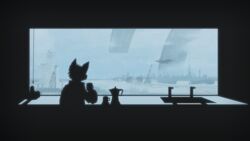  16:9 2022 4k absurd_res aircraft aircraft_carrier ambiguous_gender anthro appliance canid canine canis city_skyline coffee_maker coffee_mug dakka dakkawoof hi_res kitchen kitchen_appliance mammal silhouette solo vehicle widescreen window wolf 