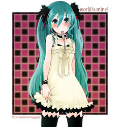  black_thighhighs blue_eyes blue_hair blush border checkered_background commentary cowboy_shot dress female fork frilled_dress frills hair_between_eyes hair_ribbon hatsune_miku long_hair looking_at_viewer mouth_hold negi_mugiya red_background red_ribbon ribbon sleeveless solo thighhighs twintails utensil_in_mouth vocaloid watermark web_address white_border white_dress world_is_mine_(vocaloid) 