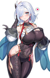  absurdres alternate_hair_length alternate_hairstyle black_gloves blue_eyes blush bodysuit braid braided_ponytail breast_curtain breasts clothing_cutout covered_navel earrings female genshin_impact gloves grey_hair hair_ornament hair_over_one_eye heart highres hip_vent jewelry large_breasts looking_at_viewer shenhe_(genshin_impact) short_hair skl solo spoken_heart tassel white_background white_hair 