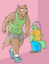  2005 anthro archived_source biped bottomwear brown_body brown_fur canid canine canis clothing domestic_dog duo fur gombee green_body green_fur humanoid_hands kemono male mammal pants shirt shorts topwear 