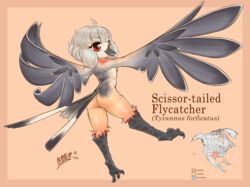  2021 3_toes absurd_res anthro ass avian avian_feet beak bird black_claws blasticussaturn breasts butt_pose claws dated digital_media_(artwork) english_text extended_leg feathered_wings feathers feet female full-length_portrait hair hi_res kingbird looking_at_viewer looking_back looking_back_at_viewer map new_world_suboscine non-mammal_breasts nude open_beak open_mouth passerine portrait pose raised_foot rear_view red_eyes scales scissor-tailed_flycatcher scutes short_hair side_boob signature simple_background smile solo spread_arms spread_wings spreading straight_leg suboscine tail tail_feathers talons text toe_claws toes tyrant_flycatcher white_hair winged_arms wings 