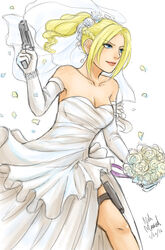  alternate_costume bare_shoulders blonde_hair blue_eyes bouquet braid breasts bridal_veil cleavage dress earrings female flower french_braid gloves gun hair_flower hair_ornament handgun highres holster jewelry lips nina_williams noh_masked pistol side_slit solo strapless strapless_dress tekken tekken_7 thigh_holster veil weapon wedding_dress white_gloves 