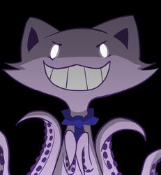  2012 acidneko avoid_posting black_background catapuss cephalopod coleoid digital_media_(artwork) domestic_cat felid feline felis glowing glowing_eyes hi_res hybrid looking_at_viewer male mammal marine mollusk necktie octopodiform rape_face simple_background smile solo teeth tentacle 