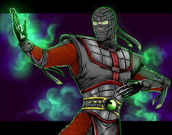  bandages commentary_request ermac gloves glowing glowing_eyes green_eyes mask mortal_kombat_(series) ninja shiemasu solo 