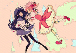  2girls akemi_homura akemi_homura_(magical_girl) bad_id bad_pixiv_id black_hair bubble_skirt closed_mouth holding_hands kaname_madoka kaname_madoka_(magical_girl) long_hair magical_girl mahou_shoujo_madoka_magica mahou_shoujo_madoka_magica_(anime) multiple_girls pantyhose pikaro pink_hair shoes short_hair skirt tears twintails 