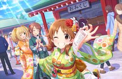  3girls ahoge artist_request blonde_hair blush brown_hair closed_eyes flower green_eyes grin hair_flower hair_ornament idolmaster idolmaster_cinderella_girls idolmaster_cinderella_girls_starlight_stage japanese_clothes katagiri_sanae kimono long_hair looking_at_viewer low_twintails mifune_miyu multiple_girls new_year official_art one_eye_closed open_mouth sato_shin short_hair short_twintails smile twintails yoi_otome_(idolmaster) 