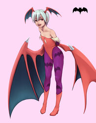  animal_print arms_behind_back bad_id bad_pixiv_id bare_shoulders bat_(animal) bat_print bat_wings cleavage_cutout clothing_cutout demon_girl diamond_cutout female flat_chest green_hair head_wings highres leotard lilith_aensland oerba_yun_fang open_mouth pantyhose print_pantyhose red_eyes red_leotard short_hair smile solo teresa007 vampire_(game) wings 