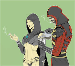  1boy arthropod_girl bad_id bad_pixiv_id bandages black_eyes black_sclera cigarette coffee colored_sclera colored_skin d&#039;vorah ermac female gloves glowing glowing_eyes green_background green_eyes hood lipstick makeup monster_girl mortal_kombat_(series) mortal_kombat_x shiemasu smoking yellow_skin 