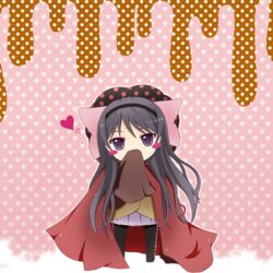  akemi_homura bad_id bad_pixiv_id black_hair blush_stickers charlotte_(madoka_magica) charlotte_(madoka_magica)_(cosplay) chibi cosplay female hairband heart highres long_hair mahou_shoujo_madoka_magica mahou_shoujo_madoka_magica_(anime) purple_eyes ryou_(boys_and_girls) solo spoken_heart 