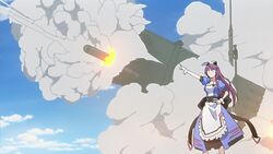  animated animated anime_screenshot closed_eyes cloud day dress female hand_on_own_hip infinite_stratos long_hair lowres mim-104_patriot missile purple_hair rocket_launcher shinonono_tabane sky smoke solo weapon wristband 