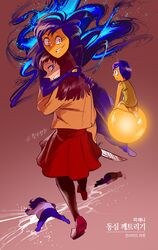  2girls bad_id bad_twitter_id colored_skin fear_(inside_out) highres inside_out joy_(inside_out) knife korean_text multiple_girls nayadaeun sadness_(inside_out) shaded_face skirt smile yandere yellow_skin 