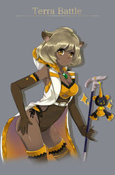  amimari_(terra_battle) animal_ears bare_shoulders black_ribbon blush breasts brown_gloves brown_thighhighs cleavage coat collarbone commentary_request copyright_name dark-skinned_female dark_skin female firuo_(king_fish) fur_trim gloves grey_background hand_on_own_hip holding hood jewelry leotard light_brown_hair medium_breasts necklace ribbon scepter short_hair simple_background sleeveless sleeveless_coat solo sparkle terra_battle thighhighs yellow_eyes 