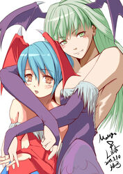  2girls animal_print bare_shoulders bat_print bat_wings breasts bridal_gauntlets cleavage commentary_request demon_girl elbow_gloves fingerless_gloves flat_chest gloves green_eyes green_hair head_wings highres hug large_breasts leotard lilith_aensland long_hair morrigan_aensland multiple_girls oerba_yun_fang open_mouth pantyhose print_pantyhose purple_wings red_eyes red_leotard short_hair smile teresa007 vampire_(game) wings 