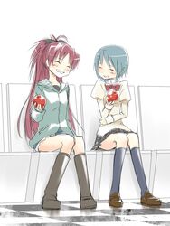  2girls apple blue_hair bow casual commentary_request denim denim_shorts food fruit grin hair_ornament hairbow hairclip hana_azuki kneehighs long_hair mahou_shoujo_madoka_magica mahou_shoujo_madoka_magica_(anime) miki_sayaka mitakihara_school_uniform multiple_girls ponytail red_hair sakura_kyoko school_uniform short_hair shorts sitting skirt smile socks 