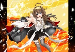  :d absurdres ahoge blue_eyes brown_hair commentary_request detached_sleeves double_bun female hair_bun hairband highres kantai_collection kongou_(kancolle) kongou_kai_ni_(kancolle) long_hair looking_at_viewer machinery nez_n nontraditional_miko open_mouth pleated_skirt skirt smile solo thighhighs turret zettai_ryouiki 