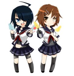  2girls :d ahoge black_hair black_legwear blue_eyes bodysuit brown_hair c: chibi commentary_request elbow_gloves furutaka_(kancolle) gloves hair_ornament hair_over_one_eye hairclip hairpin heart heterochromia highres kako_(kancolle) kantai_collection kneehighs long_hair looking_at_viewer midriff mini_wings multiple_girls navel nez_n open_mouth parted_bangs pleated_skirt pointing pointing_at_viewer ponytail remodel_(kantai_collection) school_uniform serafuku short_hair single_elbow_glove single_kneehigh single_sock single_thighhigh skirt smile socks teeth thighhighs wings yellow_eyes 