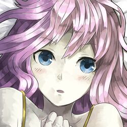  angel angel_wings archangel_metatron_(p&amp;d) bad_id bad_pixiv_id bare_shoulders blue_eyes blush collarbone commentary_request feathered_wings female long_hair looking_at_viewer mosamune open_mouth pink_hair portrait puzzle_&amp;_dragons solo white_wings wings 