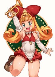  :d arm_up arm_warmers armpits bare_legs blonde_hair blue_eyes blush brown_footwear commentary_request cowboy_shot earrings female flat_chest flipped_hair hat holding holding_instrument instrument jewelry kururu_(little_princess) leg_lift little_princess long_hair looking_at_viewer marl_kingdom open_mouth photoshop_(medium) red_hat red_shorts ribbed_sleeves round_teeth shoes short_shorts shorts smile solo standing standing_on_one_leg teeth trumpet yu_3 