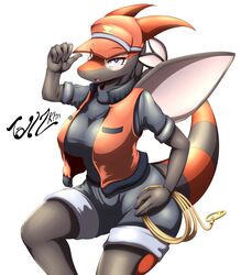  2016 5_fingers absurd_res alternate_color anthro anthrofied big_breasts black_body black_scales bottomwear breasts clothed clothing dragon english_text female fingers flygon front_view fully_clothed generation_3_pokemon grey_bottomwear grey_clothing grey_shorts grey_sweater grey_topwear hand_on_hip hat headgear headwear hi_res holding_object jacket jacket_vest kaida_(kataou) looking_at_viewer membrane_(anatomy) membranous_wings mythological_creature mythological_scalie mythology nintendo non-mammal_breasts open_mouth pokemon pokemon_(species) pokemon_ranger pokemon_ranger_(character) pokemorph portrait purple_eyes red_body red_clothing red_jacket red_jacket_vest red_scales red_topwear red_vest rope scales scalie shorts signature simple_background snout solo sweater tail tailzkim text three-quarter_portrait three-quarter_view tongue topwear vest white_background wings 