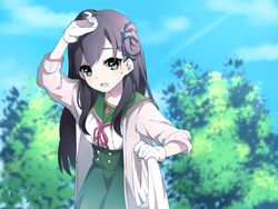  blue_sky brown_hair bush cardigan cloud commentary_request day female folded_hair gakkou_gurashi! gloves green_eyes hair_ornament hairclip hinata_(sky) long_hair looking_at_viewer megurigaoka_high_school_uniform outdoors school_uniform sky solo sweat wakasa_yuuri wiping_forehead 