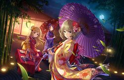  3girls ahoge alternate_hairstyle artist_request bamboo blonde_hair brown_eyes brown_hair floral_print flower green_eyes hair_down hair_flower hair_ornament heterochromia idolmaster idolmaster_cinderella_girls idolmaster_cinderella_girls_starlight_stage japanese_clothes kimono long_hair looking_at_viewer mifune_miyu mole mole_under_eye moon multiple_girls night official_art parasol sato_shin short_hair sitting smile takagaki_kaede umbrella wind yoi_otome_(idolmaster) 