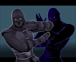  1boy bi-han blue_background commentary_request gloves male_focus mask mortal_kombat_(series) mortal_kombat_9 ninja noob_saibot shadow shiemasu solo white_eyes 