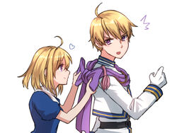  1boy ^^^ ahoge bad_id bad_pixiv_id belt blonde_hair blouse blush bow brother_and_sister chester_stoddart commentary_request dressing_another elena_stoddart female gloves heart kumakosion looking_at_another looking_back military military_uniform open_mouth profile purple_eyes scarf shirt short_hair siblings smile surprised turtleneck tying uniform upper_body white_background ys ys_iii_wanderers_of_ys 