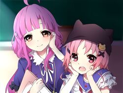  2girls ahoge animal_hat beanie brown_eyes commentary_request gakkou_gurashi! hair_ornament hairclip hand_in_own_hair hat head_rest hinata_(sky) long_hair looking_at_viewer megurigaoka_high_school_uniform multiple_girls pink_eyes pink_hair sakura_megumi school_uniform short_hair smile takeya_yuki 