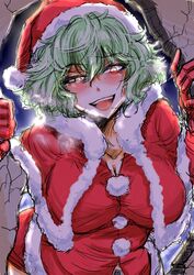  alternate_costume blush bobblehat breasts breath capelet christmas cleavage commentary_request female fur-trimmed_capelet fur-trimmed_headwear fur_trim gloves glowing glowing_eyes green_hair hair_between_eyes hat heavy_breathing hole_in_wall kazami_yuuka large_breasts leaning_forward looking_at_viewer narrowed_eyes naui_kudan open_mouth pom_pom_(clothes) red_eyes red_gloves red_hat santa_costume santa_hat short_hair solo teeth touhou tsurime upper_body upper_teeth_only wall 