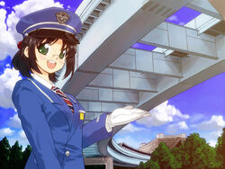  :d aomi_yurika black_hair commentary_request female glasses gloves green_eyes hat open_mouth photoshop_(medium) railroad_tracks short_hair smile solo tessai tetsudou_musume tokyo_big_sight train train_attendant travel_attendant uniform yurikamome_(company) 