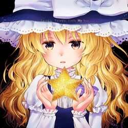  blonde_hair bow commentary_request english_text engrish_text female frilled_sleeves frills hat hat_bow kirisame_marisa layered_sleeves long_hair long_sleeves looking_at_viewer multicolored_eyes open_mouth puffy_short_sleeves puffy_sleeves ranguage short_over_long_sleeves short_sleeves siva solo star_(symbol) touhou upper_body wavy_hair white_bow witch witch_hat 