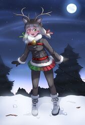  :d absurdres animal_ears antlers bell black_pantyhose blush boots breath coat commentary deer_ears extra_ears female full_body full_moon fur-trimmed_sleeves fur_collar fur_trim green_eyes grey_hair hair_ribbon heterochromia highres horns kemono_friends lavie_(bansheestrikes) long_hair looking_at_viewer mittens moon multicolored_clothes multicolored_skirt night open_mouth outdoors pantyhose red_eyes reindeer_(kemono_friends) reindeer_antlers ribbon skirt smile snow solo tree winter_clothes winter_coat 