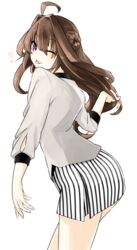  ;p absurdres ahoge alternate_costume brown_hair casual commentary_request contemporary double_bun female hair_bun highres kantai_collection kongou_(kancolle) long_hair looking_at_viewer nez_n one_eye_closed purple_eyes simple_background solo tongue tongue_out white_background 