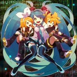  1boy 2girls :d ;d aqua_hair aqua_necktie bad_id bad_pixiv_id black_shorts black_skirt blonde_hair boots bow clenched_hands collared_shirt detached_sleeves full_body green_eyes grey_shirt hair_ornament hairbow hairclip hatsune_miku hidakarumen kagamine_len kagamine_rin leg_warmers long_hair looking_at_another looking_at_viewer multiple_girls neckerchief necktie one_eye_closed open_mouth shirt short_hair short_sleeves shorts skirt sleeveless sleeveless_shirt smile thigh_boots thighhighs twintails very_long_hair vocaloid white_bow white_shirt wing_collar yellow_neckerchief yellow_necktie zettai_ryouiki 