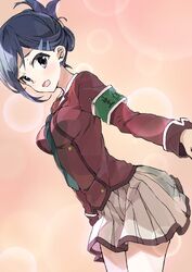  armband black_hair commentary_request female folded_ponytail hair_ornament hairclip inou-battle_wa_nichijou-kei_no_naka_de kudou_mirei necktie open_mouth school_uniform senkou_high_school_uniform solo tsukugu 