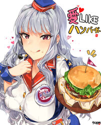  :q artist_name breasts burger burger_skater_(idolmaster) closed_mouth commentary female food food_on_face grey_hair hat headset heart highres idolmaster idolmaster_(classic) large_breasts long_hair looking_at_viewer pen purple_eyes shijou_takane signature simple_background solo song_name tongue tongue_out translated tray tuxedo_de_cat upper_body very_long_hair white_background wrist_cuffs 