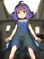  :3 acerola_(pokemon) bare_shoulders blush closed_mouth dress e10 elite_four female flat_chest from_below hair_ornament lolicon looking_at_viewer looking_down nintendo pokemon pokemon_(game) pokemon_sm purple_eyebrows purple_eyes purple_hair shiny shiny_skin solo standing torn_clothes torn_dress trial_captain 