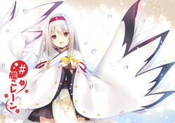  azur_lane black_gloves black_skirt blush commentary_request cosplay female fingerless_gloves furisode gloves hair_between_eyes hair_ornament hairband half_gloves hatori_piyoko head_tilt historical_name_connection holding japanese_clothes kantai_collection kimono long_hair long_sleeves looking_at_viewer name_connection obi open_mouth origami paper_crane partially_fingerless_gloves petals red_hairband sash shirt shoukaku_(azur_lane) shoukaku_(azur_lane)_(cosplay) shoukaku_(kancolle) skirt smile solo standing very_long_hair water water_drop white_hair white_kimono wide_sleeves wind wind_lift 