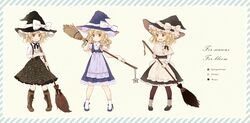  alternate_costume alternate_hair_length alternate_hairstyle apron blonde_hair boots braid broom capelet commentary_request costume_chart cross-laced_footwear female framed full_body hat hat_ribbon kirisame_marisa knee_boots mary_janes multiple_views pantyhose ribbon shoes side_braid simple_background siva socks star_(symbol) touhou waist_apron white_ribbon witch witch_hat 