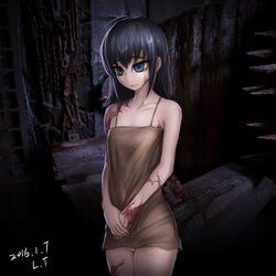  ahoge bare_arms bare_shoulders big_eyes black_hair blue_eyes blue_hair breasts brown_dress burn_scar commentary_request cowboy_shot dated dorei_to_no_seikatsu_~teaching_feeling~ dress empty_eyes eyebrows female fingernails highres looking_down night night_sky no_pants panties pantyshot peiluona_dejumimi sad scar short_hair sidelocks signature sky small_breasts solo spaghetti_strap spikes standing sundress sylvie_(dorei_to_no_seikatsu) torture_instruments underwear v_arms visible_ears white_panties 