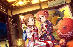  2girls abe_nana artist_request blush branch brown_eyes brown_hair flower hair_flower hair_ornament idolmaster idolmaster_cinderella_girls idolmaster_cinderella_girls_starlight_stage japanese_clothes katagiri_sanae kimono leaf looking_at_viewer low_twintails multiple_girls night official_art parasol parted_bangs seiza short_twintails sitting smile twintails umbrella wind yoi_otome_(idolmaster) 