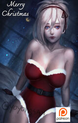  alternate_hairstyle arm_support bad_id bad_pixiv_id belt belt_buckle black_belt black_gloves blonde_hair blue_eyes breasts buckle christmas cleavage collarbone commentary cowboy_shot eyeshadow female fur_trim gloves hair_between_eyes hair_tie head_tilt indoors large_breasts leaning_back leotard lips looking_at_viewer makeup mercy_(overwatch) night no_headwear no_wings nose on_bed overwatch overwatch_1 patreon_logo photoshop_(medium) pink_lips sitting solo strapless strapless_leotard twitter_username window yoyongsan 