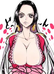  amazon black_hair boa_hancock breasts cleavage crossed_arms earrings female jewelry large_breasts long_hair muyukikiyoshi11521 one_piece pink_eyes solo 