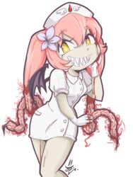  demon_wings ebola-chan female hat long_hair nurse nurse_cap pale_skin personification pink_hair sirblazepercival wings 