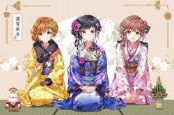  3girls adagaki_aki black_eyes black_gloves black_hair blue_kimono blunt_bangs blush braid brown_eyes brown_hair closed_mouth commentary_request floral_print fujinomiya_neko fur_trim furisode gloves hair_between_eyes hair_ornament highres japanese_clothes kadomatsu kagami_mochi kimono koiwai_yoshino light_brown_hair long_sleeves looking_at_viewer masamune-kun_no_revenge mole mole_under_eye multiple_girls new_year obi open_mouth pink_kimono sash sitting smile tatami tiv wide_sleeves yellow_kimono 